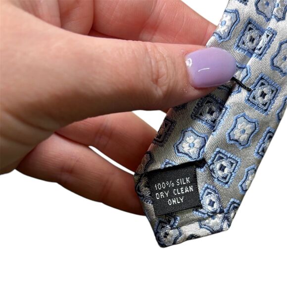 Burma Bibas Silk Tie Silver Blue Geometric Square Pattern Formal Business - Picture 6 of 8